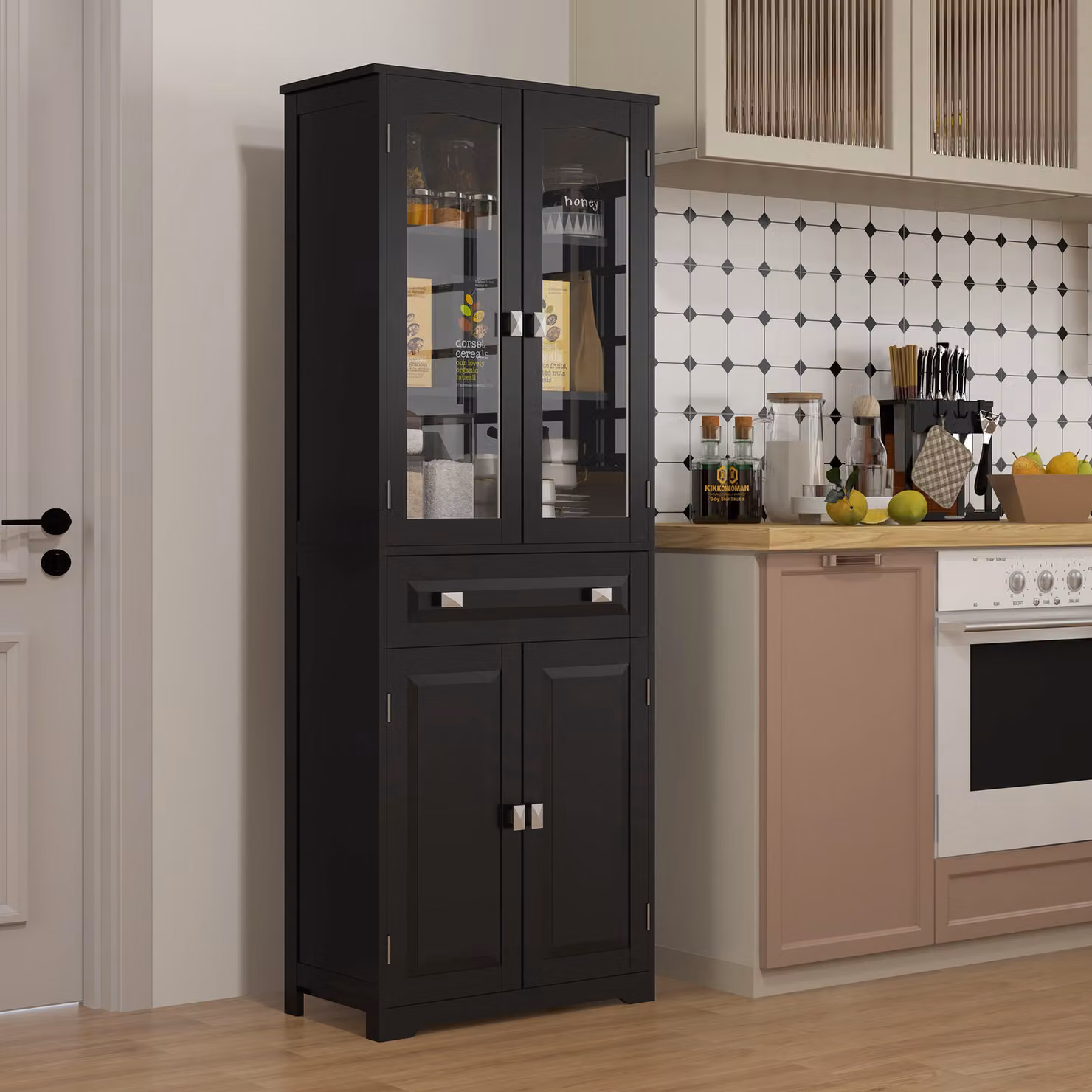Buffet alto Aosom da cucina con 4 ante, 2 ante vetrate e 1 cassetto, ripiani in legno e vetro, colore nero, Altezza: 160 cm – 2