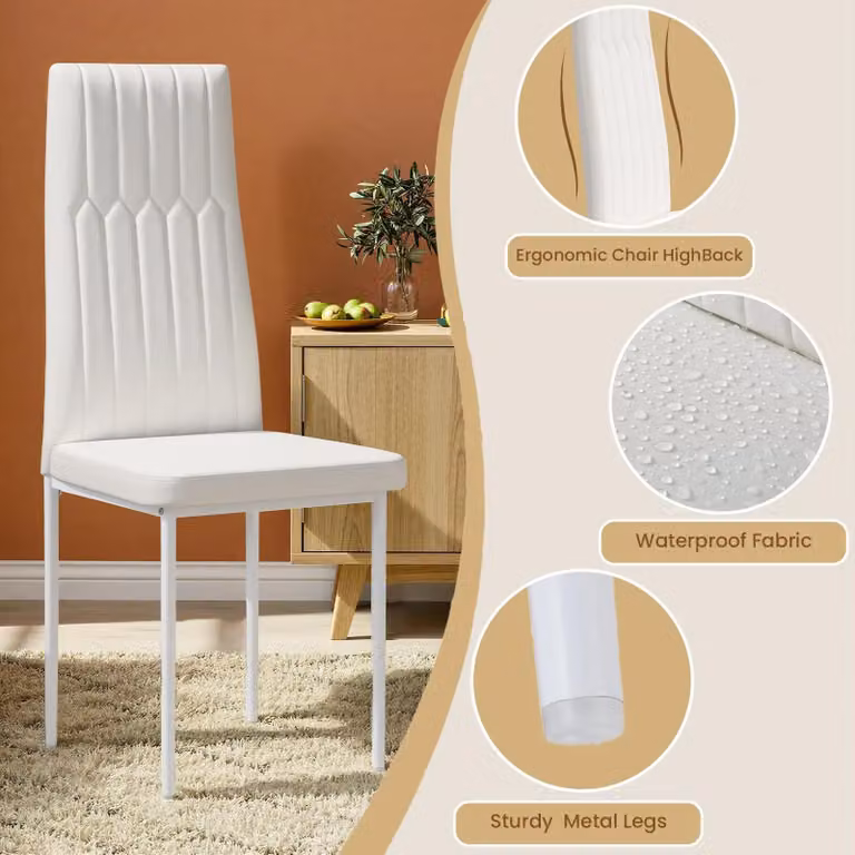 Set di 4 sedie da pranzo - Sedie da cucina - Knocker Back con maniglia ad anello - Seduta imbottita in ecopelle - Gambe in metallo - Bianco