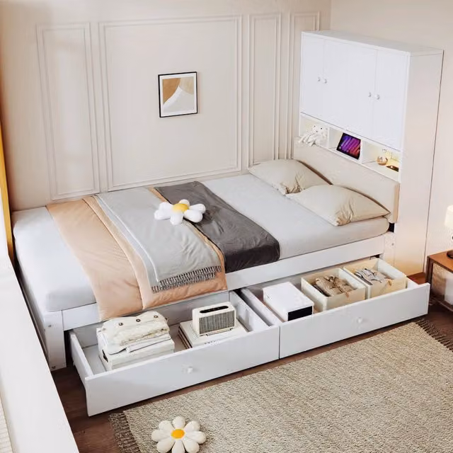 Letto singolo 90 x 200 cm con testiera contenitore; luci LED e cassetti; legno; bianco