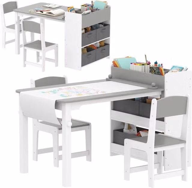 Set Tavolo e Sedie per Bambini Minimal in Legno e Tessuto, Grigio e Bianco