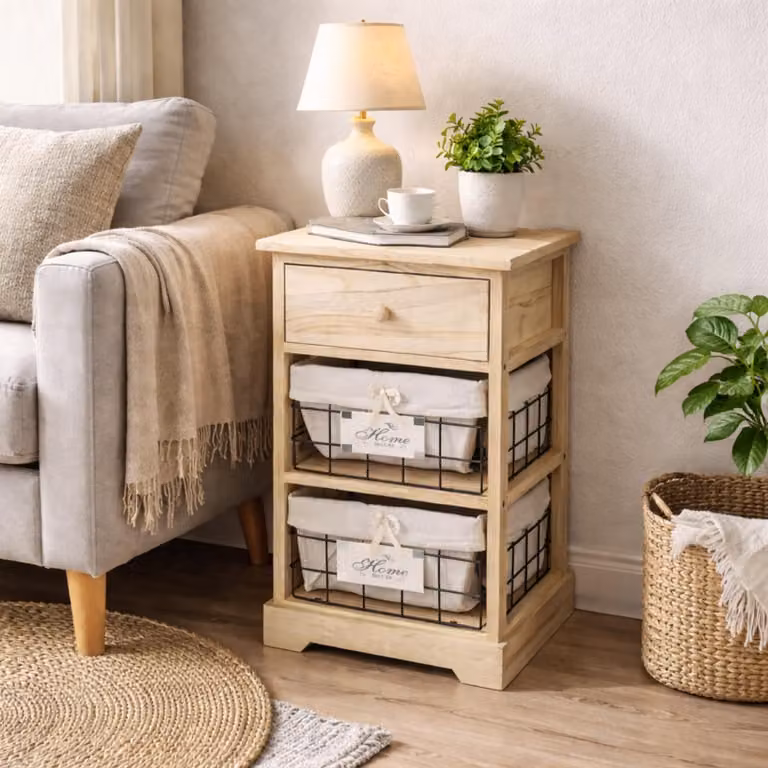 Comodino Melia con cassetto e 2 cesti in legno di quercia "Artisane"