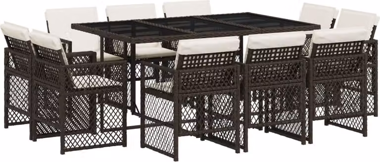 Set da Pranzo da Giardino 11 pz con Cuscini Polyrattan Marrone