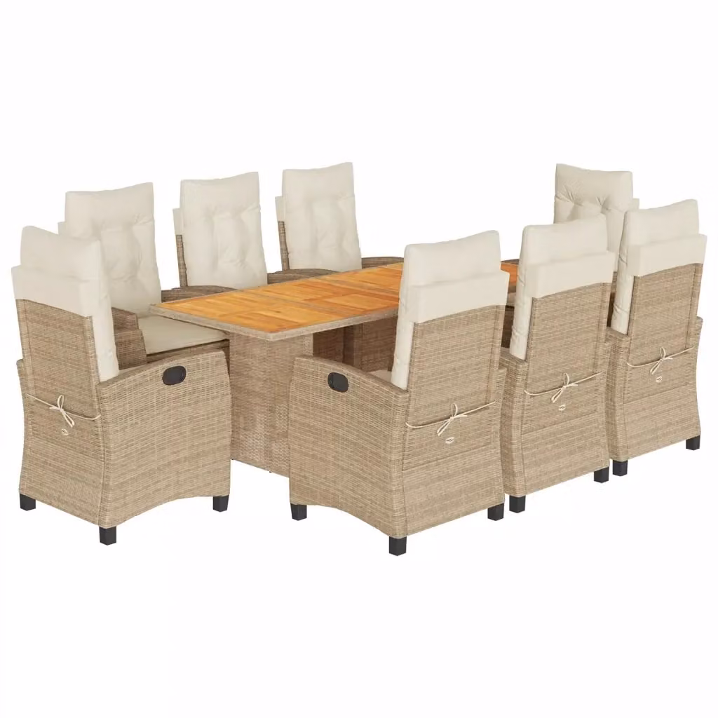 Set da Pranzo da Giardino vidaXL in Legno di Acacia e Polyrattan con Cuscini Beige e Bianchi, 9 Pezzi – 2