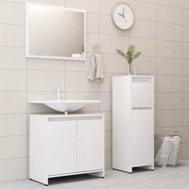 Set di mobili da bagno moderno vidaXL in 3 pezzi bianco opaco con mobile sottolavabo e pensile in MDF