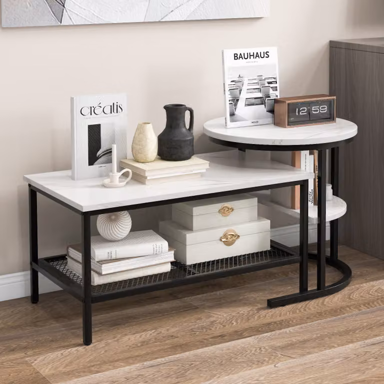 COSTWAY Tavolini da caffè combinabili, set di 2 tavolini da caffè con piano in marmo artificiale e ripiano aggiuntivo, tavolino rotondo e tavolino da divano rettangolare per soggiorno, camera da letto