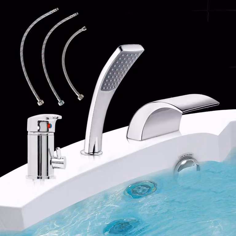 Miscelatore monocomando a 3 fori per vasca da bagno con doccetta a cascata cromata