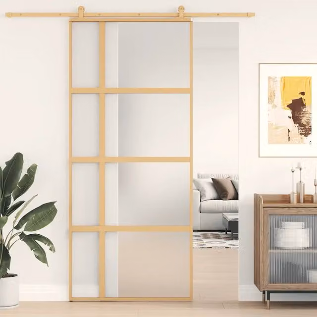 Porta Scorrevole vidaXL in Alluminio e Vetro Smerigliato, Colore Oro, L: 90 cm, H: 205 cm