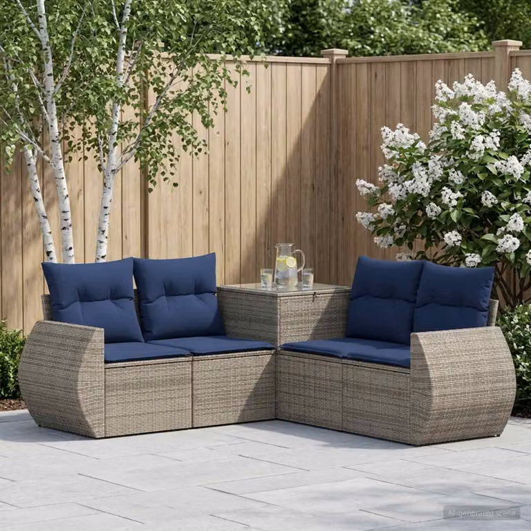 vidaXL Set di divani da giardino a forma di L con cuscini Grigio e Blu Navy in rattan sintetico e acciaio
