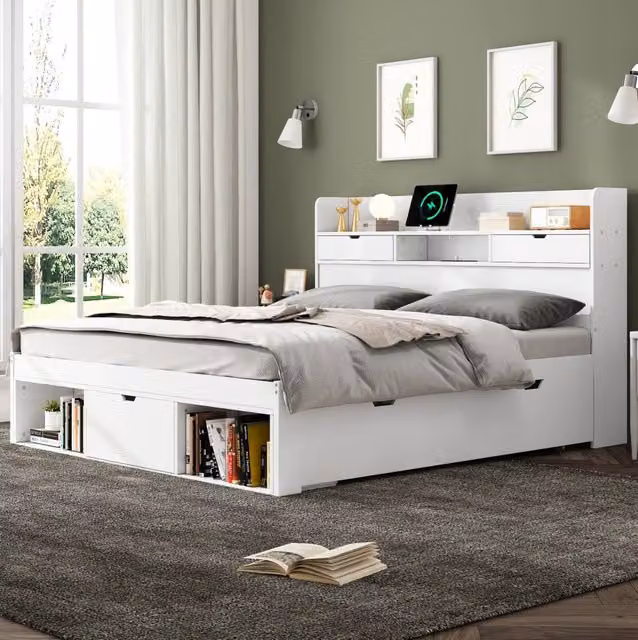 Letto matrimoniale 160x200 cm con USB; Type-C; cassetti e vani contenitore; bianco