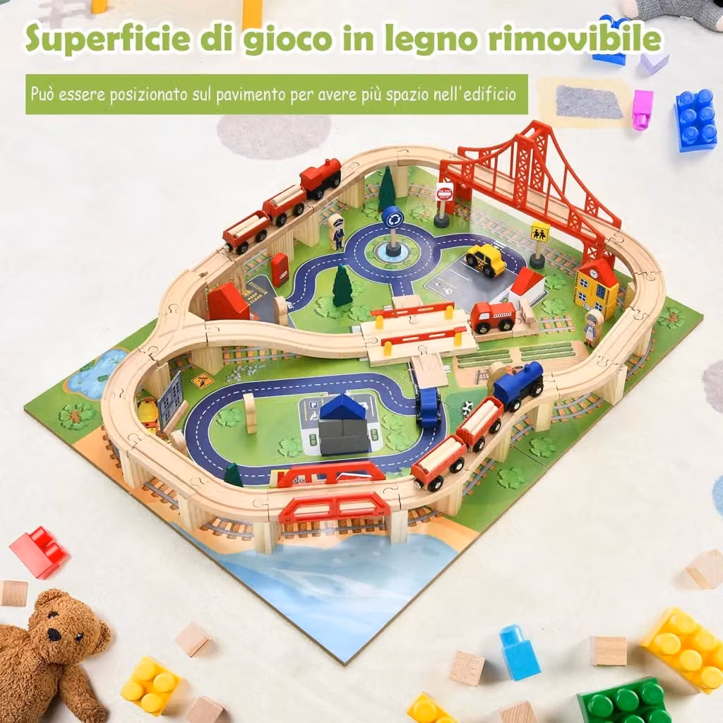 Costway Set Tavolo Attività in Legno con Binari Ferroviari per Bambini, Colore Marrone e Multicolore, con 100 Pezzi e Ruote Bloccabili – 2