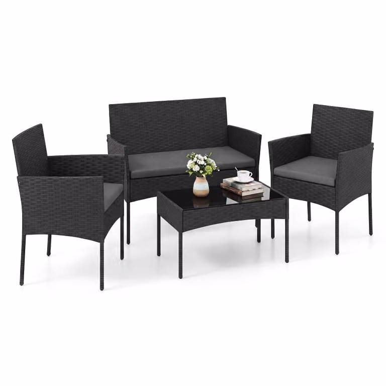 Set di mobili da giardino in polyrattan COSTWAY, set da giardino per esterni, set di sedute con 2 sedie, panca, tavolo e cuscini, mobili da terrazza, mobili da balcone grigio