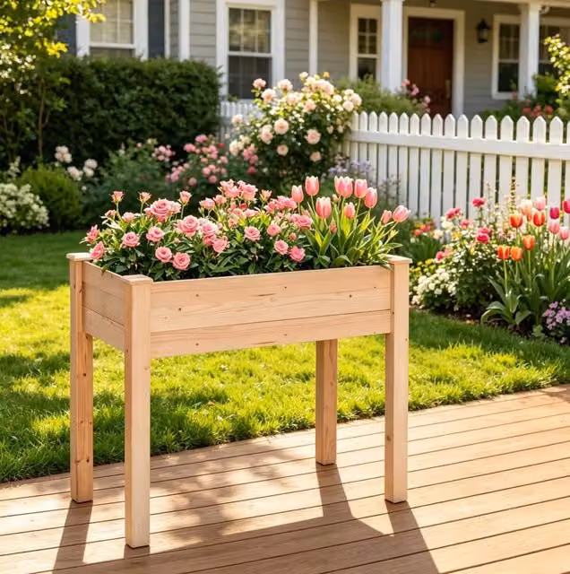 Fioriera rialzata ULEVR 86x46x76 cm in legno di abete con rivestimento in tessuto non tessuto, effetto legno naturale