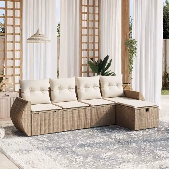 Set Divano da Giardino a L vidaXL in Polyrattan con Cuscini Beige e Struttura in Acciaio, 5 Pezzi