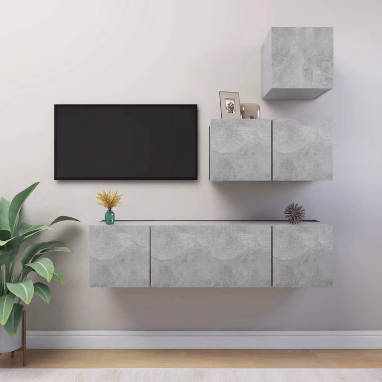 Set di mobili porta TV moderno vidaXL in legno e MDF, 4 pezzi, Grigio Cemento, con scomparti multimediali