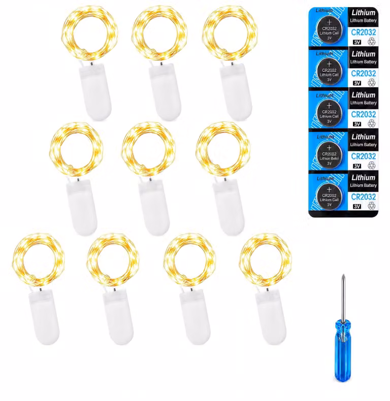 Catena luminosa a LED mini, alimentazione a batteria, 10 luci, 2 metri, luce bianco caldo