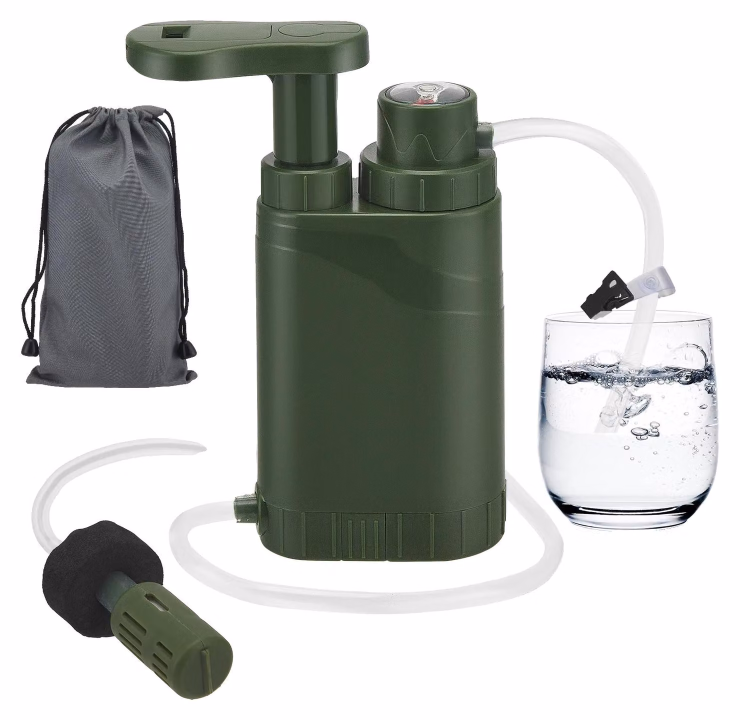 Filtro per l'acqua, con filtrazione a 0,01 micron, capacità massima di 2000 litri, portata di 400 ml/min, dimensioni 16,5 x 11 x 4,5 cm, funzionamento con pompa manuale