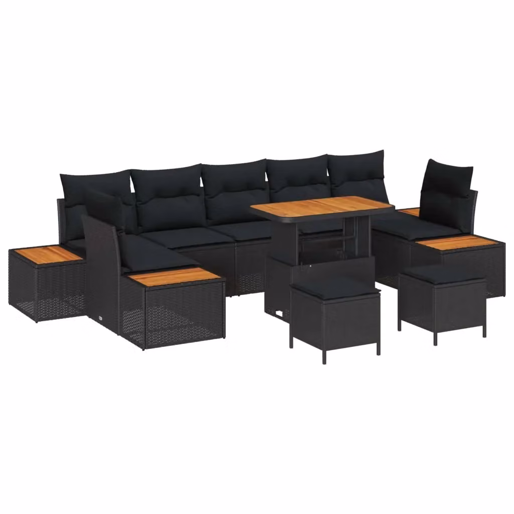 Set Divano da Giardino vidaXL a forma a U con 10 pezzi, Nero, in Poly Rattan con Cuscini e Tavolino da Esterno – 2