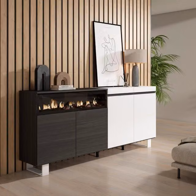 Credenza, Mobile, 200x35x87cm, 4 Porte, Camino elettrico, Design industriale, Bianco e nero RF2402