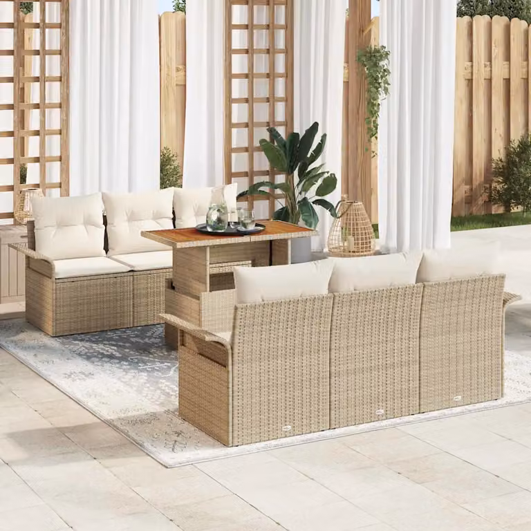 Set Divano da Giardino vidaXL 7 Pezzi in Polyrattan Beige con Cuscini e Tavolino