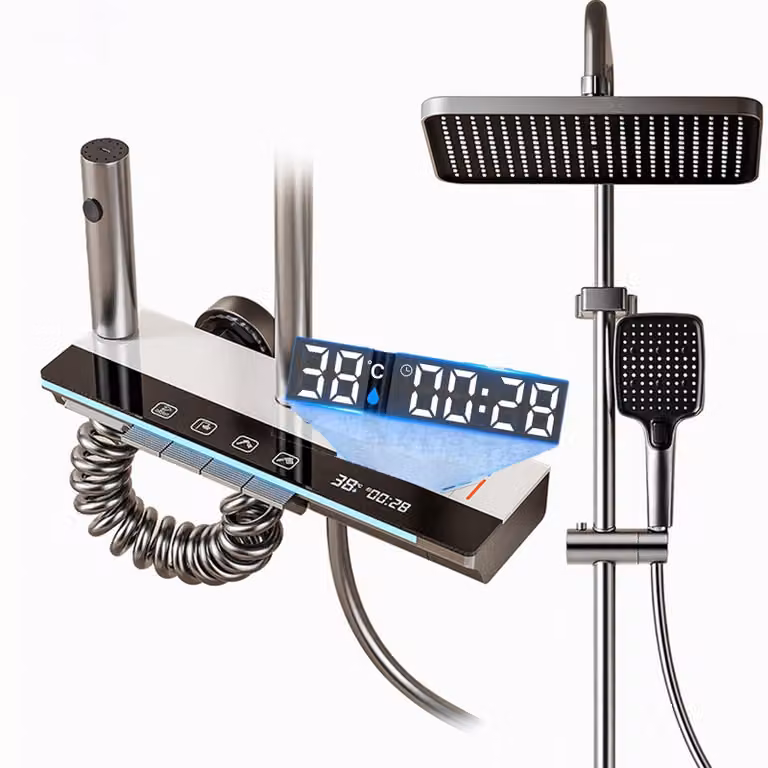 Sistema doccia con display LED, doccia a pioggia 27x20 cm, altezza regolabile da 69 a 103 cm
