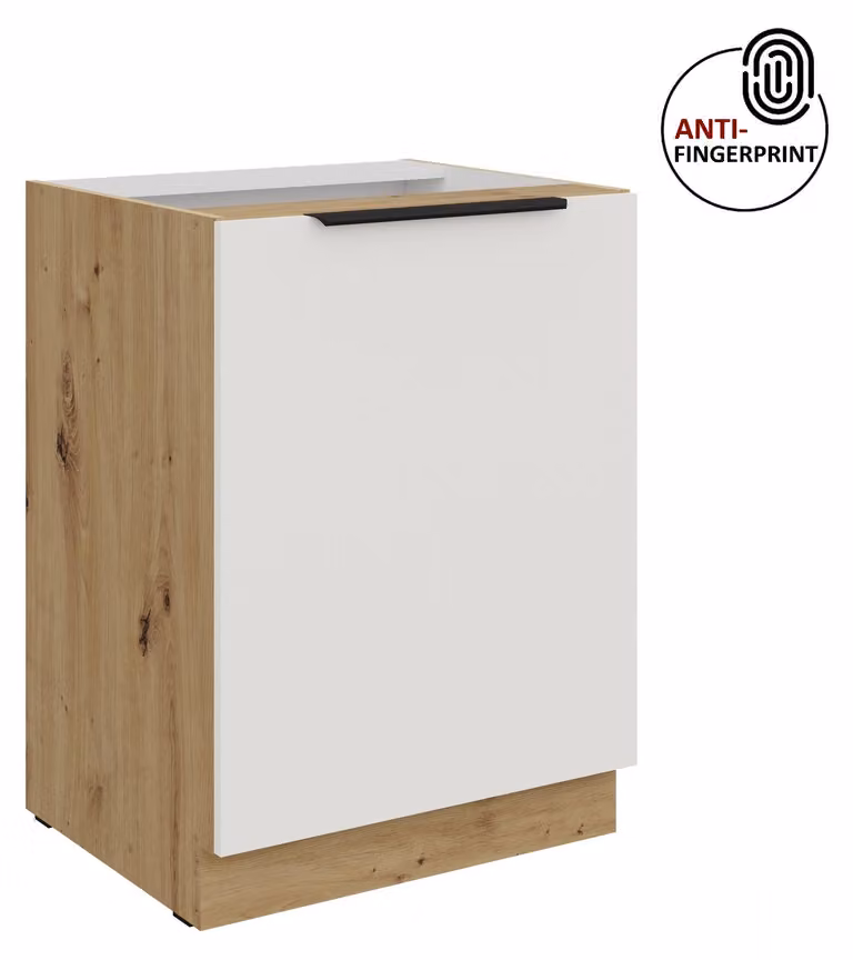Mobile base da cucina da 60 cm, cucina ARIA bianco ultra opaco + rovere Artisan opaco, frontali di alta qualità con rivestimento anti-impronta, blocco cucina