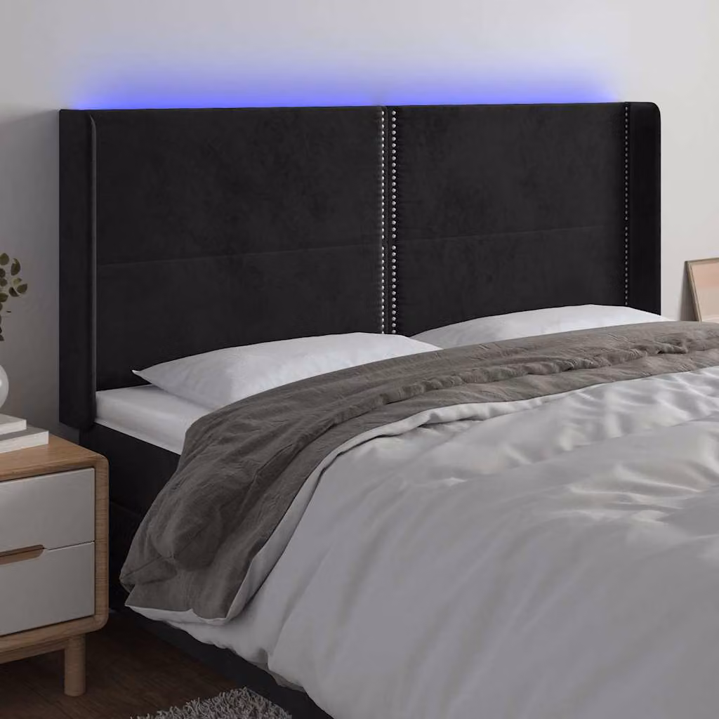 Testiera con LED e porta USB vidaXL in velluto nero, L: 203 cm, P: 16 cm, H: 118/128 cm – 1