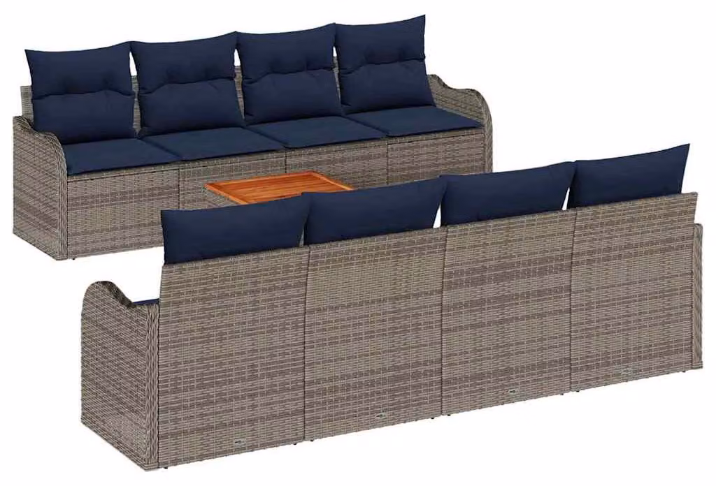 Set di divani da giardino, 9 pezzi, colore grigio, in rattan sintetico