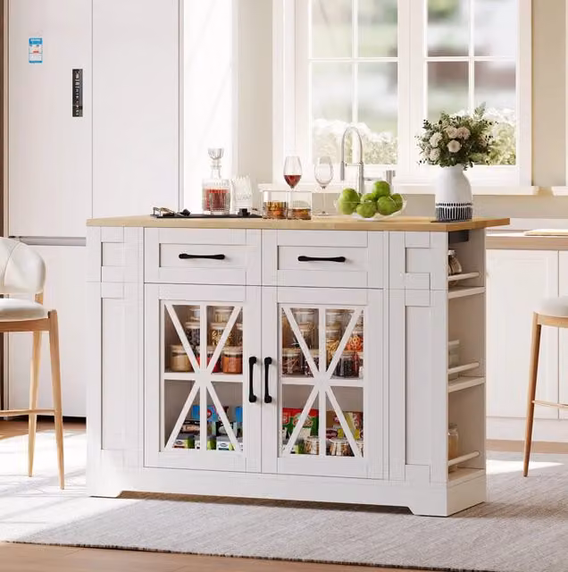 Isola da cucina 120x40(65)x92 cm con piano ribaltabile; prese AC e USB; in MDF bianco e naturale