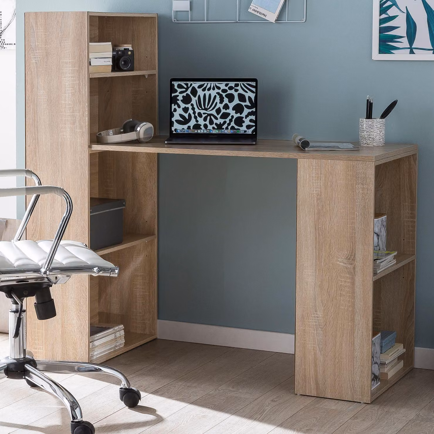 FineBuy Scrivania Sonoma con scaffale 120x120x53 cm in legno - Scrivania moderna con scaffale e ripiani - Tavolo per PC - Tavolo da ufficio con spazio contenitivo