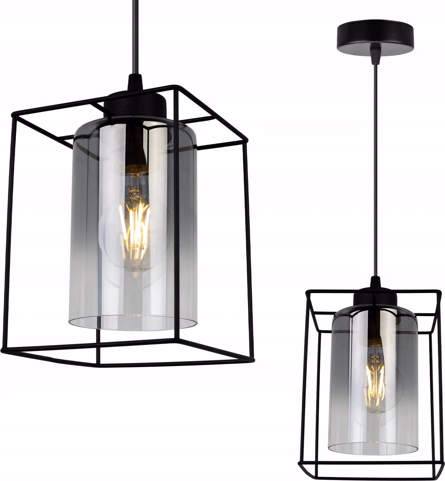 Hella Cage sospensione - Lampada da soffitto per soggiorno, camera da letto e sala da pranzo - Lampada a sospensione in metallo e vetro - E27 - Grafite - 1 lampadina - Lungo