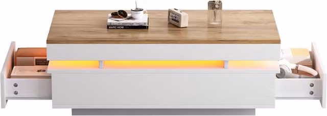 Tavolino da salotto LED con 2 cassetti, finitura moderna bianco lucido e legno, per soggiorno, 100 × 50 × 35 cm