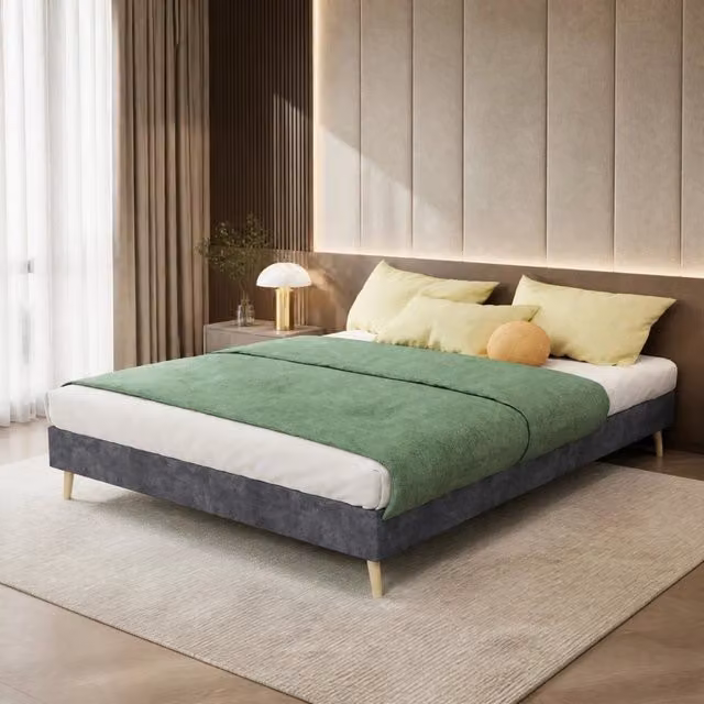 Letto matrimoniale moderno con testiera geometrica in tessuto e metallo, grigio, L/P: 140 x 200 cm