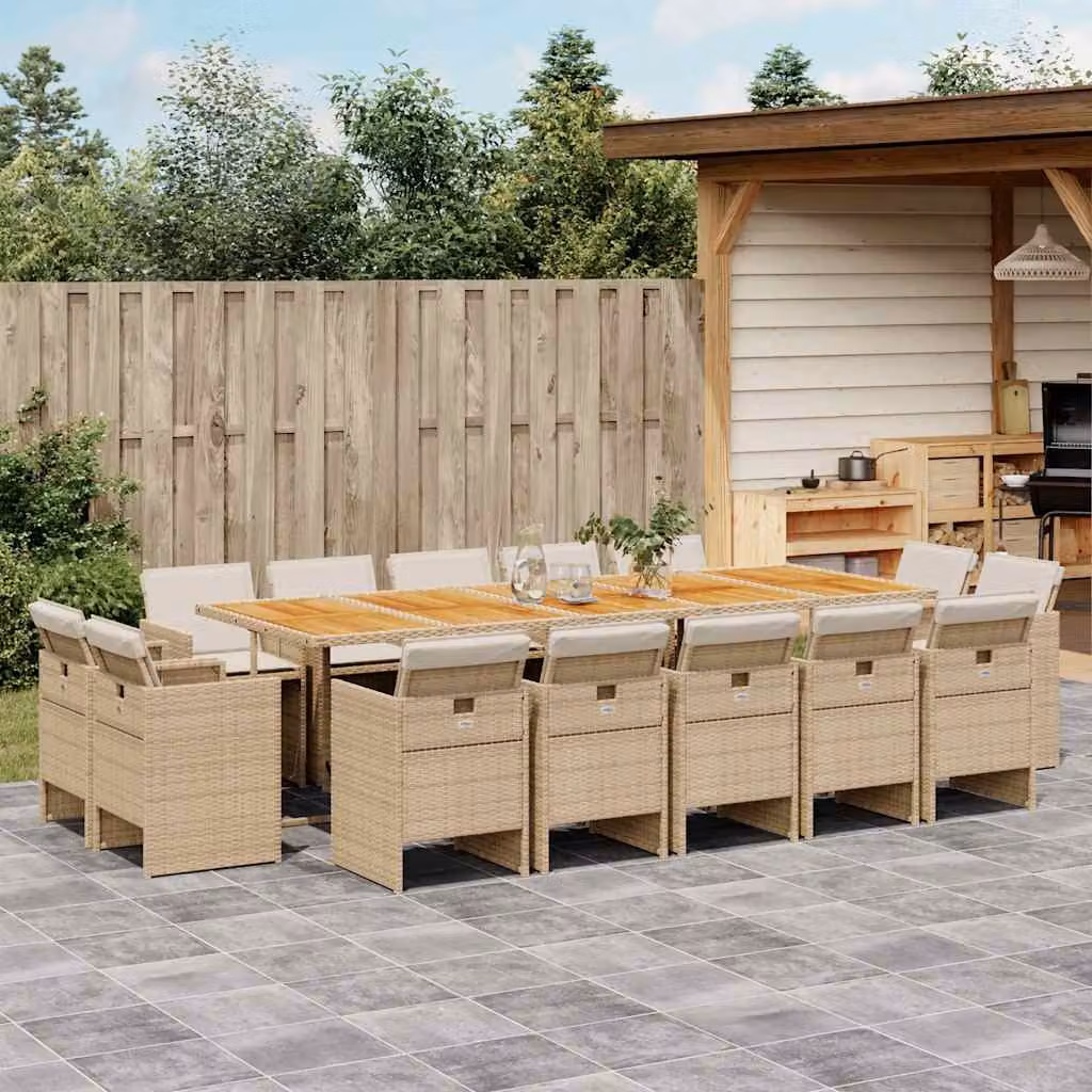 vidaXL Set da Pranzo da Giardino 15 pz in Polyrattan con Tavolo in Legno di Acacia Olio e Cuscini Beige – 1