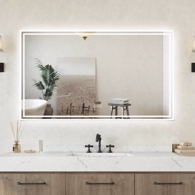 Specchio bagno Rettangolare 120x70cm Led Con 3 Luci Bluetooth + Orologio + Antiappannamento