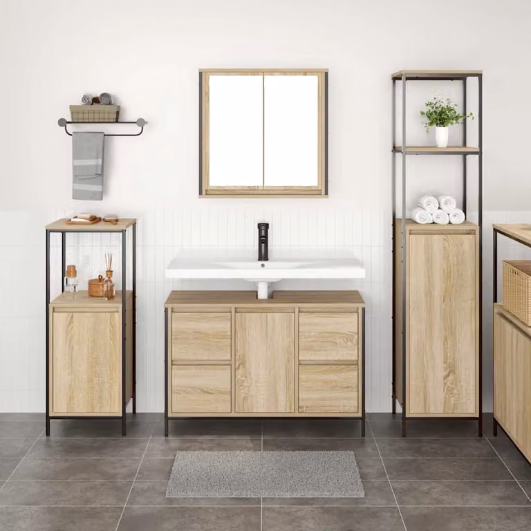 Set di mobili per il bagno moderno vidaXL composto da 3 pezzi in legno e metallo, colore marrone e nero, con mobile lavabo e pensile con ripiani interni
