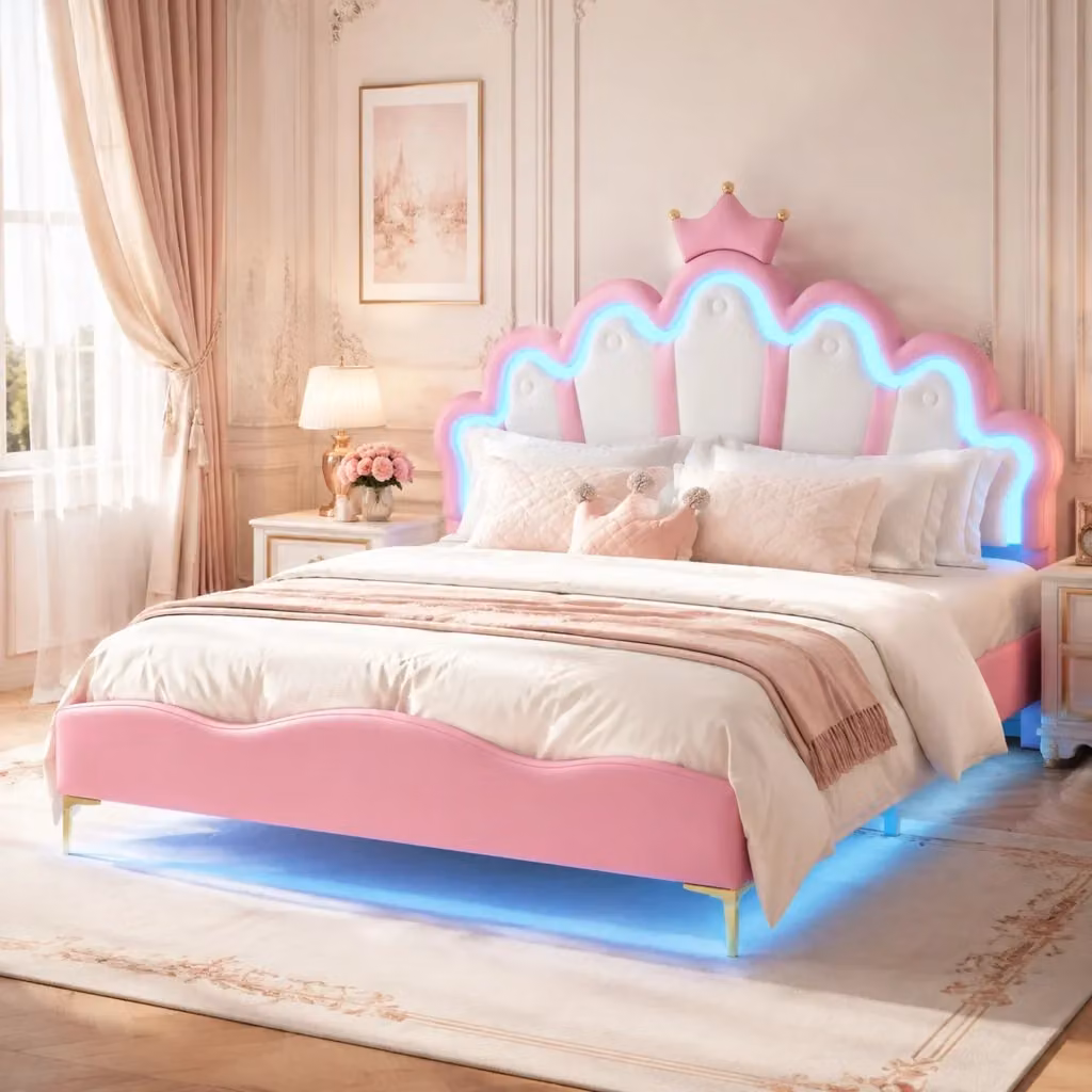 Letto Principessa REDOM con corona e illuminazione LED, rivestimento in ecopelle rosa, L: 140 cm, P: 200 cm, H: 129 cm – 2