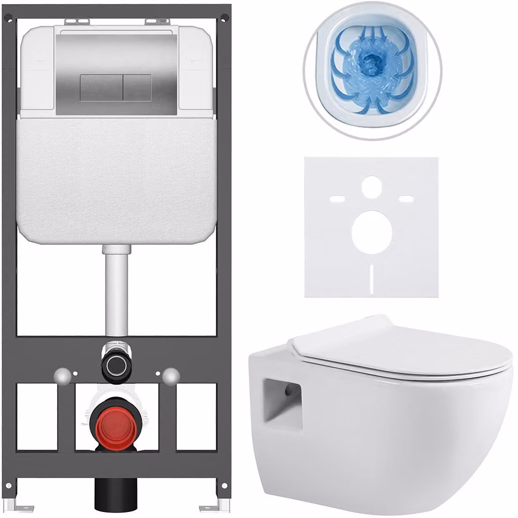 Set completo per WC sospeso Dure - bianco lucido - pulsante Prime/Modulo, argento - da installare a parete - per installazione dietro parete/in cartongesso - 51x35 cm