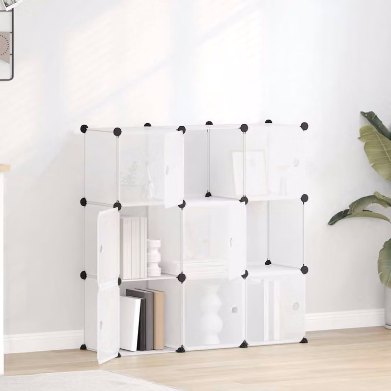 vidaXL Contenitore a Cubo Moderno con Ante in Vetro Trasparente e Struttura in Metallo e Plastica, Bianco