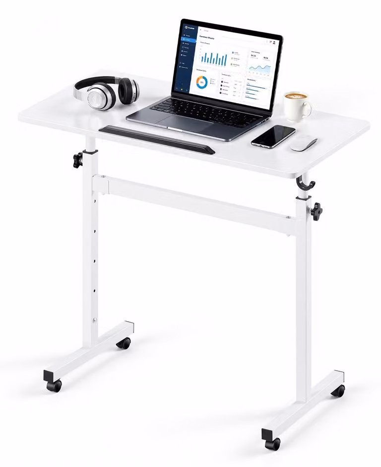 Scrivania regolabile in altezza - Tavolo mobile per computer, da utilizzare in piedi o seduti - Piano del tavolo: 81 x 41 cm - Capacità di carico: 25 kg - Inclinazione a 360° - Con ruote e ganci - Ideale per l'ufficio domestico