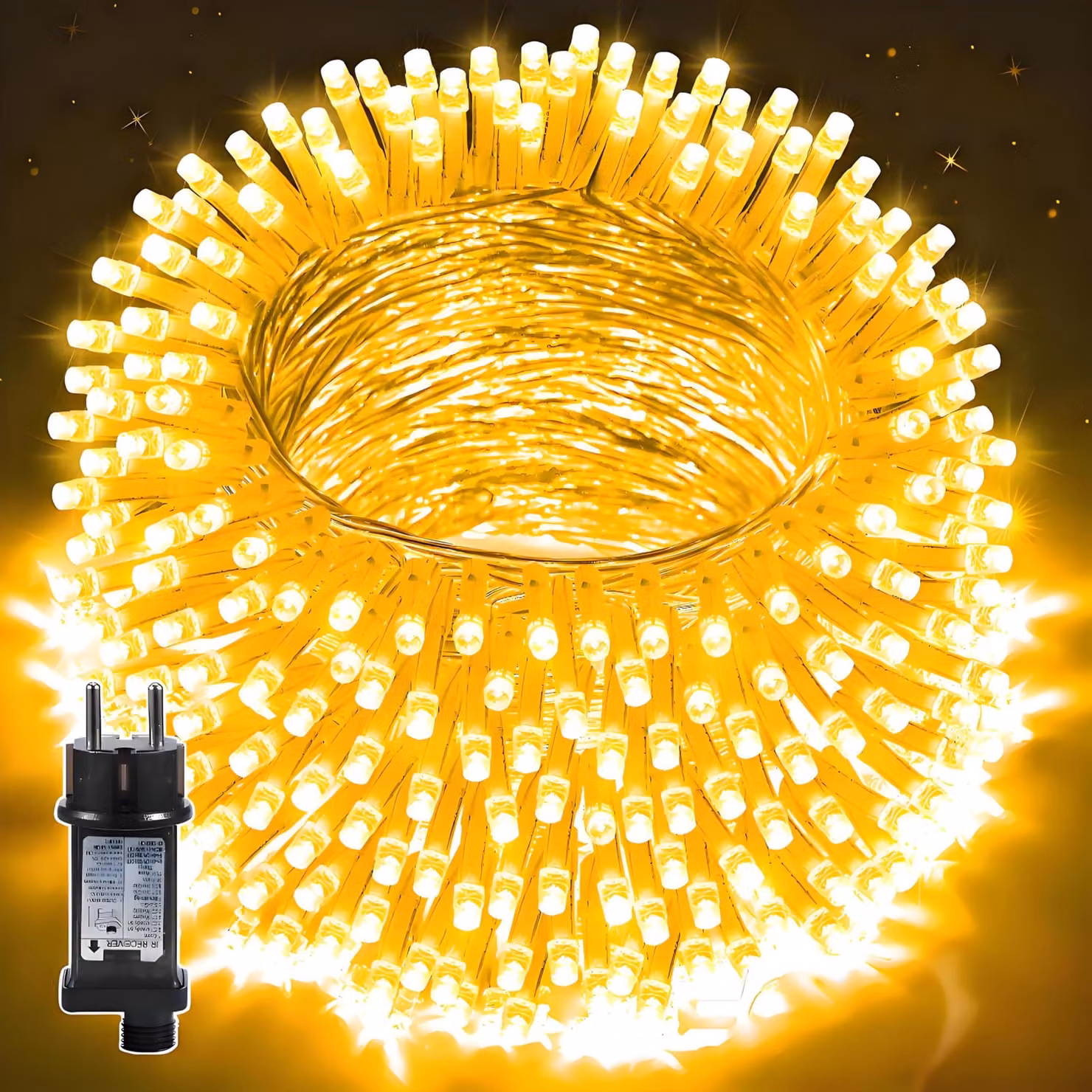 Catena luminosa da 30 metri, con 300 LED a luce calda, grado di protezione IP44, timer e 8 modalità