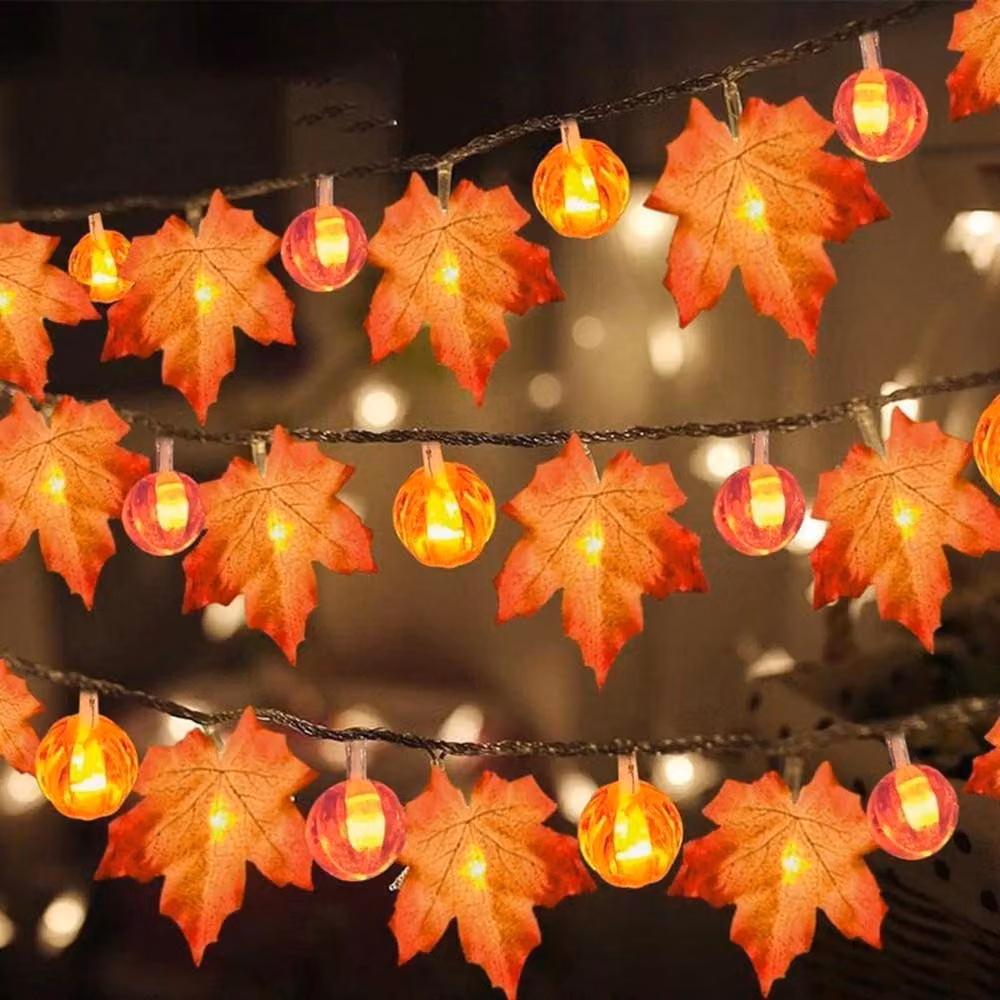 Luci della ghirlanda di Halloween con la foglia d'acero della zucca Bianco caldo LED luci fatate a batteria per la decorazione di Halloween Ringraziamento Casa Party, 6m 40LEDs