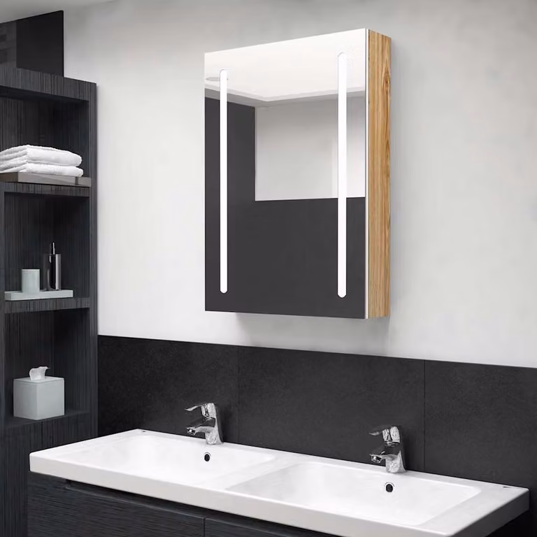 Armadietto da bagno con specchio e illuminazione LED vidaXL, Bianco e Rovere, L: 50 cm, P: 13 cm, H: 70 cm