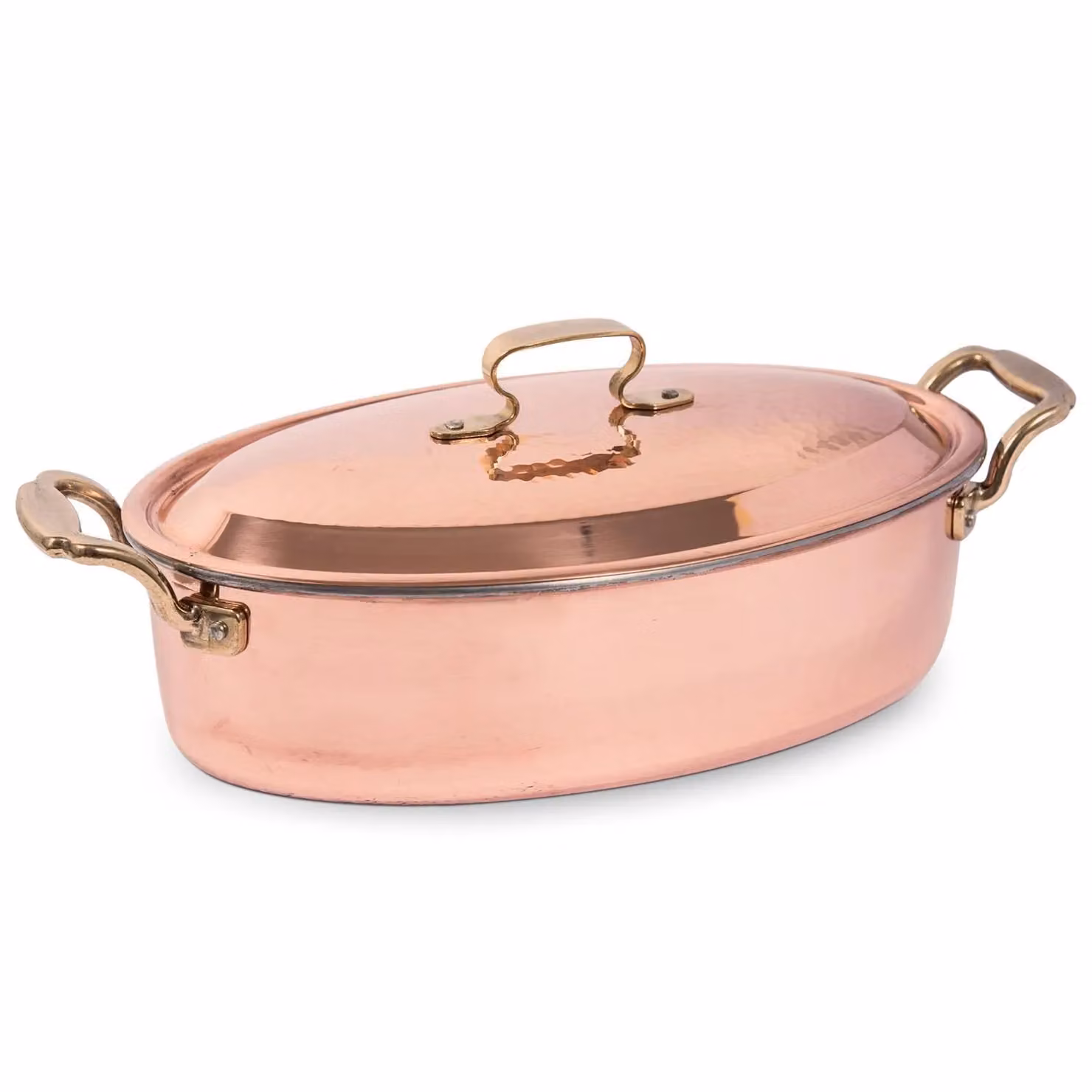 Casseruola ovale in rame liscio con coperchio, diam. 34x20cm