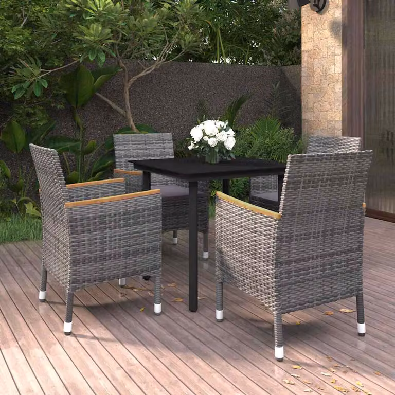 Set da Pranzo per Giardino vidaXL in Polyrattan con Tavolo in Vetro e Cuscini, 5 Pezzi, Grigio e Nero