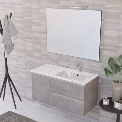 Mobile bagno sospeso Inbagno Master grigio cemento con lavabo a destra, cassetti, anta e specchio con illuminazione LED, Larghezza: 100 cm – 1