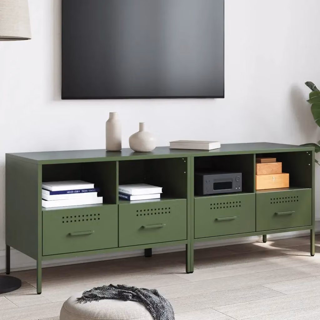 Set di 2 Mobili Porta TV in Acciaio Verde Oliva Stile Industrial L: 68 cm, P: 39 cm, H: 50,5 cm – 2
