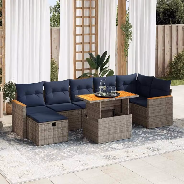 Set Divani da Giardino vidaXL 8 Pezzi in Polyrattan e Legno di Acacia con Cuscini, Colore Grigio e Blu