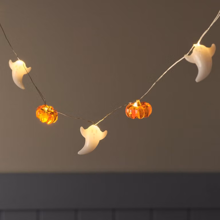 Catena luminosa a tema Halloween, con zucche e fantasmi, 20 LED bianco caldo, lunghezza 1,65 metri