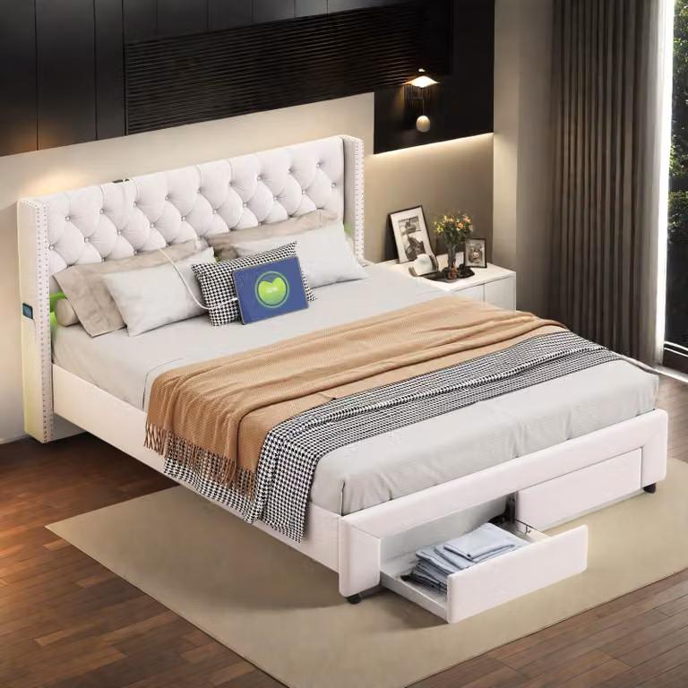 UnboxG Letto imbottito 140 x 190 cm con illuminazione a LED, connessione USB e 2 cassetti - velluto, beige, letto matrimoniale con vano portaoggetti e tasche laterali