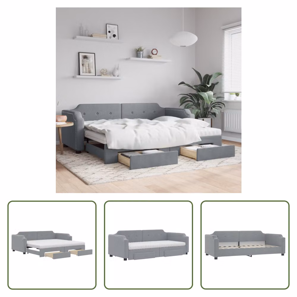 The Living Store letto da giorno allungabile con cassetti grigio chiaro 80x200 cm tessuto